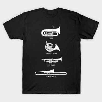 Black t-shirt with white musical instrument illustrations and names, featuring various tuba styles. Cotton material.