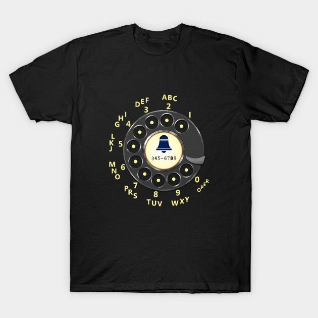 Black t-shirt with vintage rotary phone dial graphic; casual style, soft cotton fabric, retro design.
