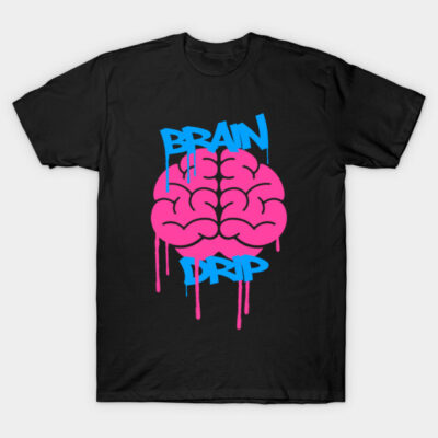 Black t-shirt with pink brain graphic and blue text design, casual style, cotton material, ideal for everyday wear.