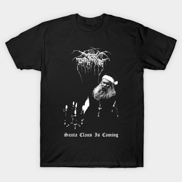 Black t-shirt with gothic Santa Claus design, "Santa Claus Is Coming" text, casual cotton blend, holiday style.