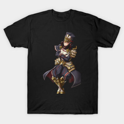 Black T-shirt featuring intricate fantasy character design with gold and red accents, perfect for casual wear.