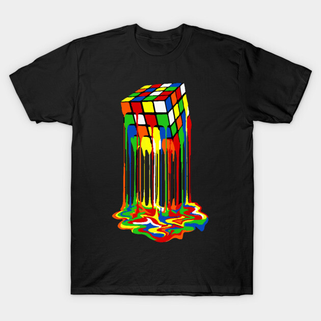 Black t-shirt with colorful melting cube design, casual style, perfect for everyday wear, made from soft cotton fabric.