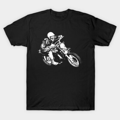 Black t-shirt with white motorcycle racer graphic, casual style, cotton material, ideal for motorsport enthusiasts.