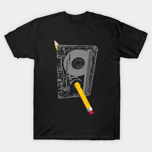 Black t-shirt with retro cassette tape and pencil graphic, cotton blend, casual style, ideal for vintage music lovers.