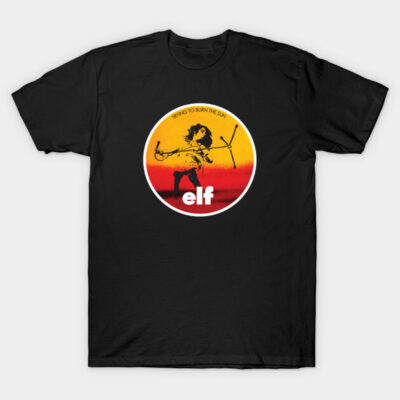Black unisex t-shirt with vintage-style elf graphic, featuring red and yellow design, perfect for casual wear.