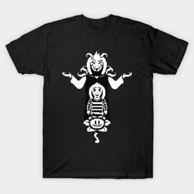 Black cotton t-shirt featuring white pixel art design, ideal for casual wear and gaming enthusiasts.