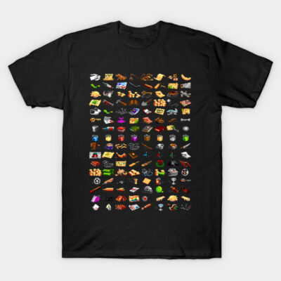 Black t-shirt featuring colorful pixel art design, ideal for casual wear and gaming enthusiasts, soft cotton material.