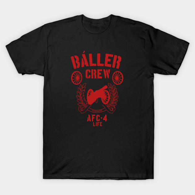 Black "Baller Crew" T-shirt with red graphic design, made of cotton, perfect for casual wear and street style.