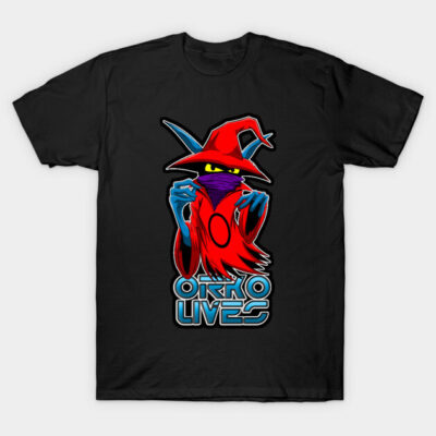 Black T-shirt with colorful cartoon wizard design and "Orko Lives" text, perfect for casual wear and gifting.
