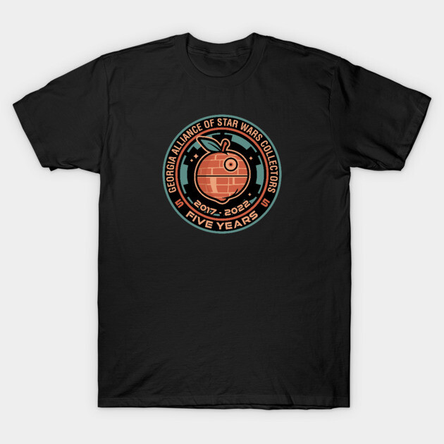Black T-shirt with Georgia Alliance of Star Wars Collectors emblem, featuring orange design. Casual wear, cotton material.