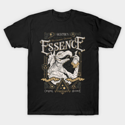 Black graphic t-shirt with fantasy-themed design, featuring a creature holding a flask, ideal for casual wear.