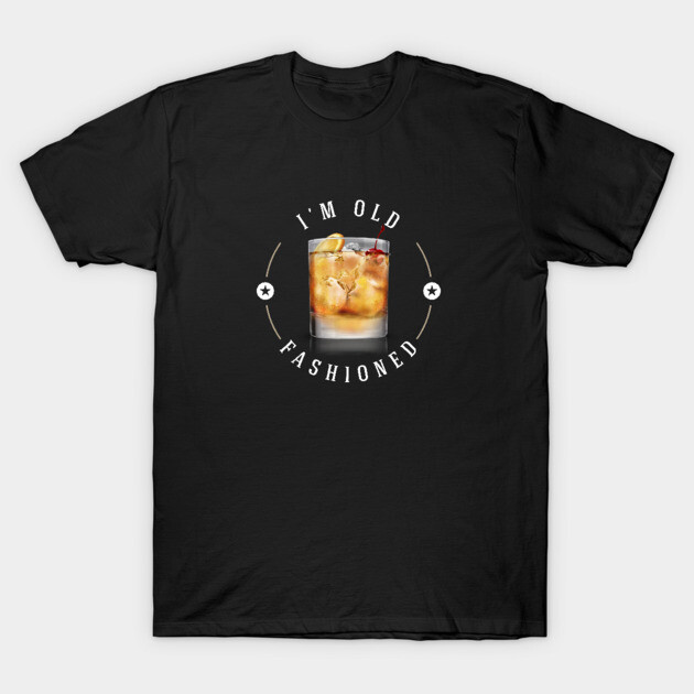 Black T-shirt with "I'm Old Fashioned" text and cocktail graphic, casual wear, cotton material, unisex style.