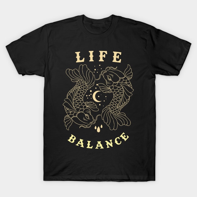 Black t-shirt with gold koi fish and moon design, "Life Balance" text, casual style, cotton material, unisex.