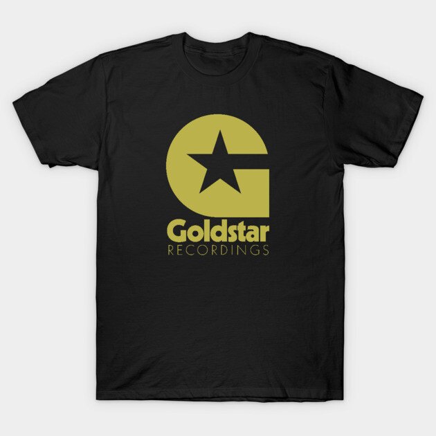 Black t-shirt with Goldstar Recordings logo in yellow, casual style, ideal for music enthusiasts, cotton material.