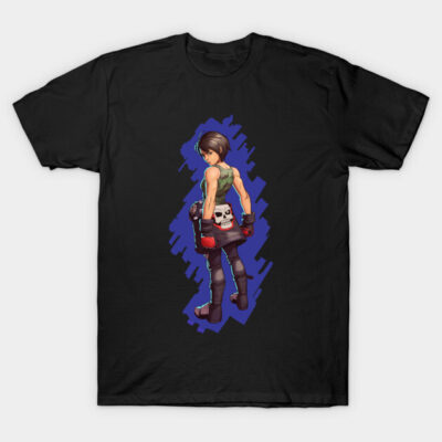 Black t-shirt featuring a colorful graphic of a character in a dynamic pose, ideal for casual wear or gaming fans.