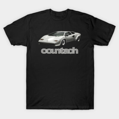 Black t-shirt featuring vintage sports car graphic and "countach" text, casual style, cotton material.