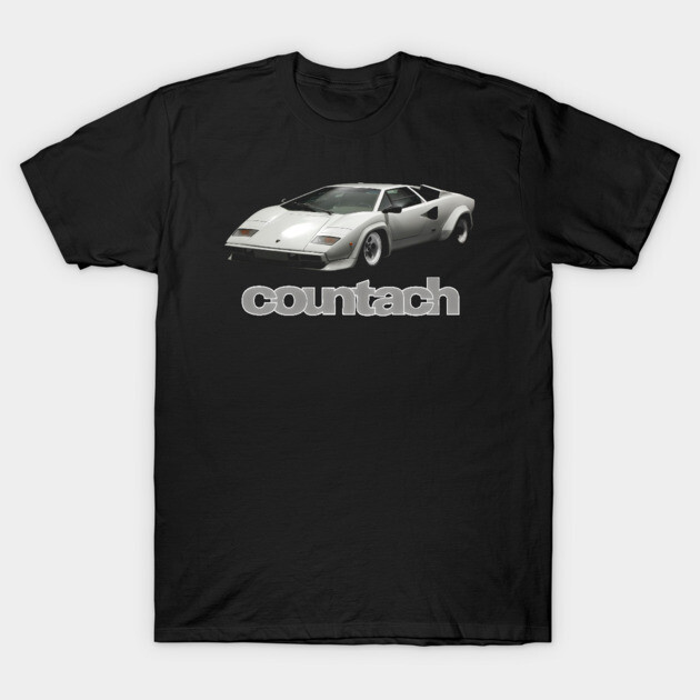 Black t-shirt featuring vintage sports car graphic and "countach" text, casual style, cotton material.