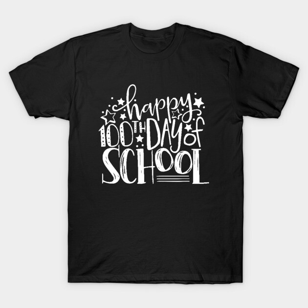 Black "Happy 100th Day of School" t-shirt, casual style, white graphic text and star design, cotton material.