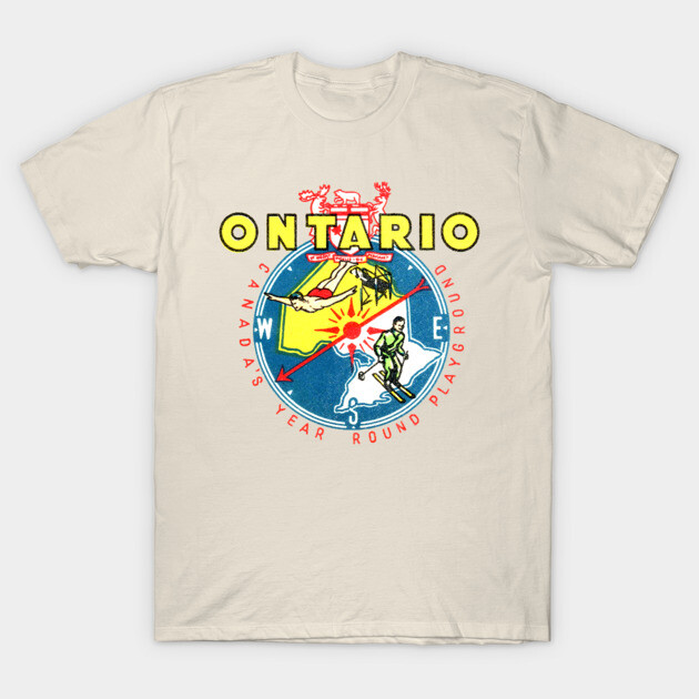 Beige Ontario graphic t-shirt, vintage style, featuring colorful compass design, ideal for casual wear.