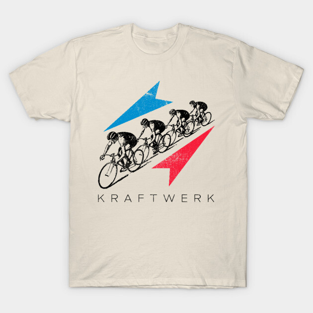 Cream cycling-themed graphic t-shirt with red and blue design, casual wear, cotton material, ideal for bike enthusiasts.