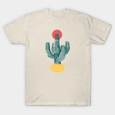 Beige t-shirt with abstract cactus design, red sun, and yellow base. Casual style, cotton material, unisex fit.