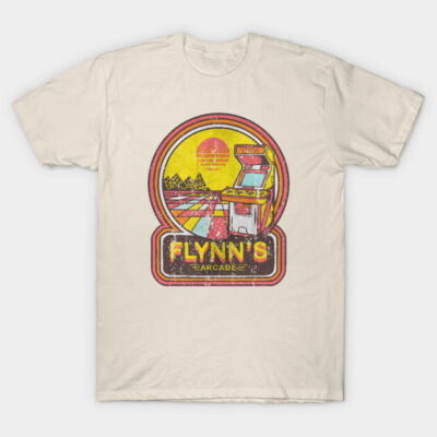 Vintage arcade graphic tee, off-white color, retro gaming design, casual cotton t-shirt, stylish and comfortable wear.
