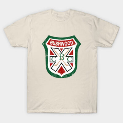 Ivory t-shirt with vintage-style Bushwood logo, featuring red, green, and white colors, ideal for casual wear.