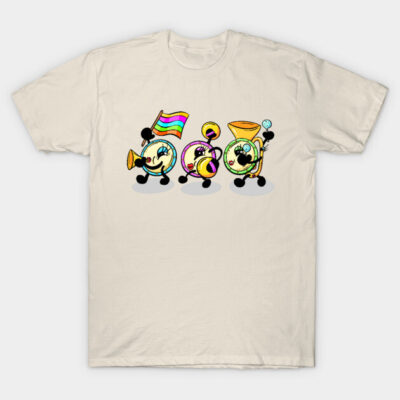 Cream t-shirt with colorful cartoon band design, featuring musical instruments and rainbow flag, casual cotton style.