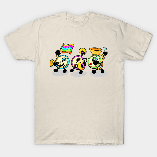 Cream t-shirt with colorful cartoon band design, featuring musical instruments and rainbow flag, casual cotton style.