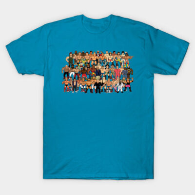 Blue graphic t-shirt featuring cartoon characters in various outfits, perfect for casual wear, made from soft cotton.