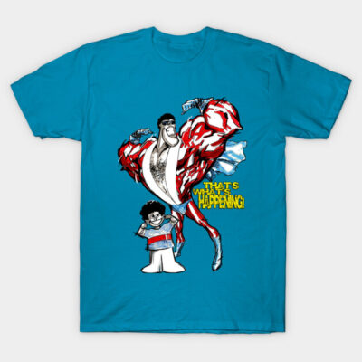 Blue graphic t-shirt with cartoon characters and text design, cotton material, casual style for everyday wear.