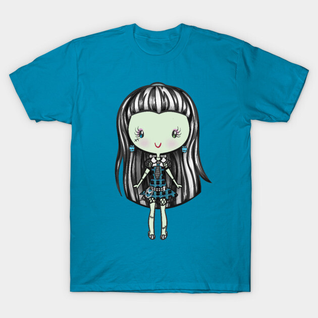 Teal T-shirt with cute doll graphic, casual style, soft cotton fabric, suitable for everyday wear.