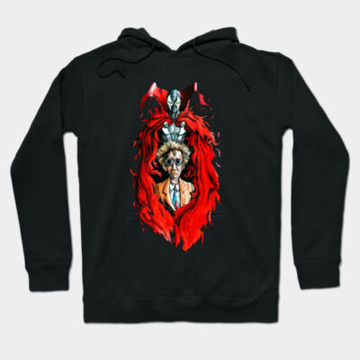 Black graphic hoodie featuring bold red and colorful design, casual style, cotton material, perfect for everyday wear.