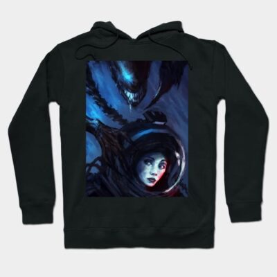 Black hoodie with space-themed graphic, featuring astronaut and creature, ideal for casual wear, soft cotton material.