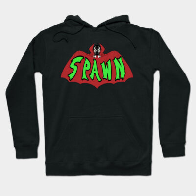 Black hoodie with colorful "Spawn" graphic, featuring red and green design. Cozy and stylish for casual wear.