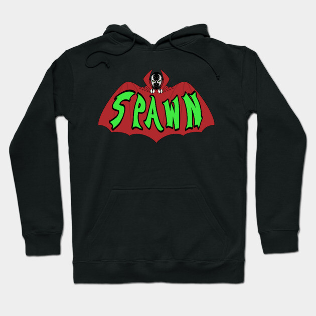 Black hoodie with colorful "Spawn" graphic, featuring red and green design. Cozy and stylish for casual wear.