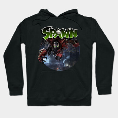 Black graphic hoodie with bold "Spawn" logo and dynamic cityscape design, ideal for casual wear and fan collections.