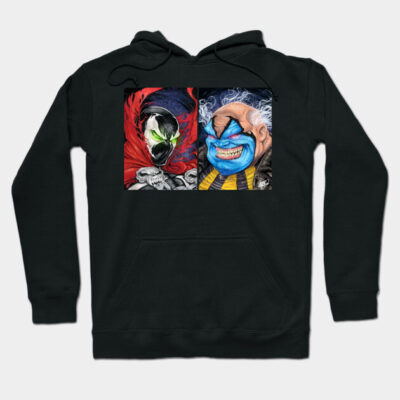 Black hoodie with colorful graphic print, featuring vibrant character designs, casual style, cotton blend material.