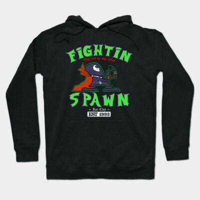 Black graphic hoodie with colorful cartoon design and bold text, made of soft cotton, perfect for casual wear.