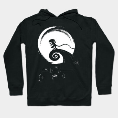 Black hoodie with white moon and silhouette design, cozy cotton material, casual wear, unisex style.