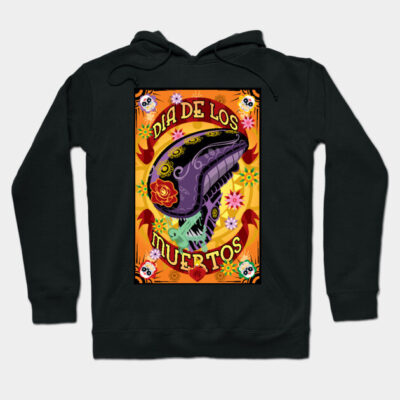 Black hoodie with colorful Dia de los Muertos design, featuring vibrant skull and floral motifs. Perfect for festive wear.
