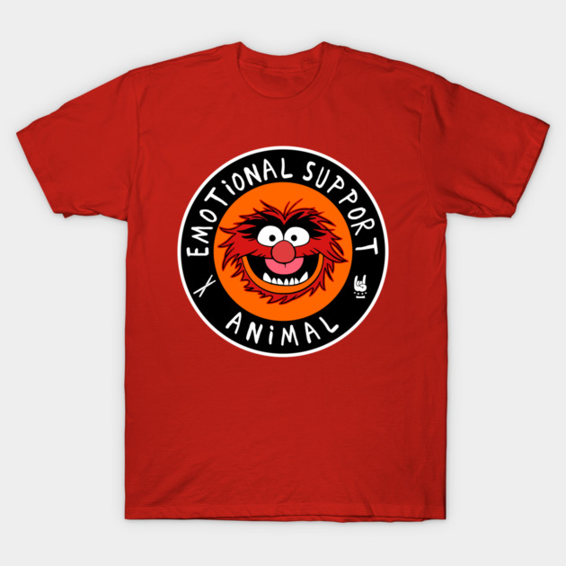 Red t-shirt featuring graphic of smiling cartoon face with text "Emotional Support Animal" in bold, casual style.