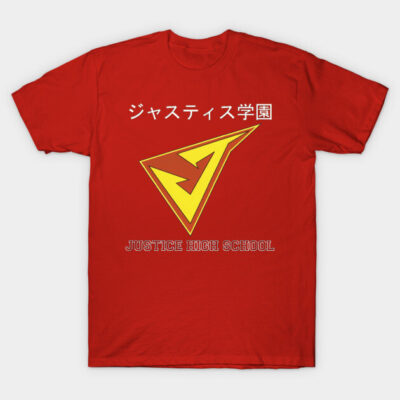 Red graphic t-shirt with yellow logo, "Justice High School" lettering, casual style, cotton material.