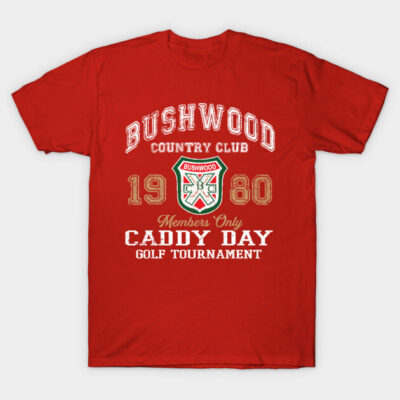 Red "Bushwood Country Club" t-shirt, vintage style, featuring 1980 Caddy Day Golf Tournament graphic design.