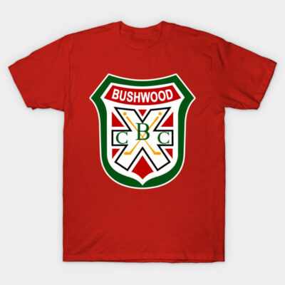 Red cotton t-shirt with Bushwood logo, casual style, perfect for everyday wear.