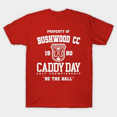 Red "Bushwood CC" graphic t-shirt, featuring vintage golf championship design, cotton material, casual style.