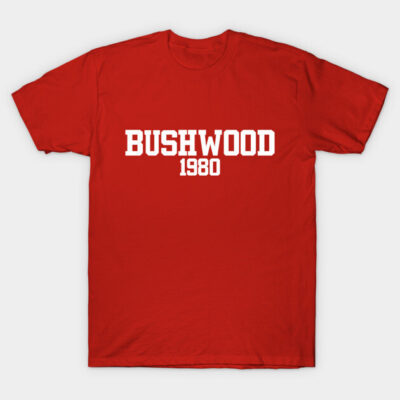 Red graphic T-shirt with "BUSHWOOD 1980" text, casual style, cotton material, perfect for everyday wear.