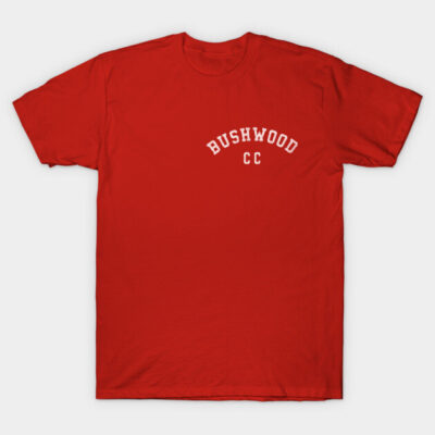 Red "Bushwood CC" t-shirt, casual style, short sleeves, comfortable cotton material, perfect for everyday wear.