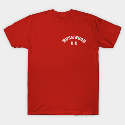 Red "Bushwood CC" cotton t-shirt, casual style, white text, unisex design, perfect for everyday wear.