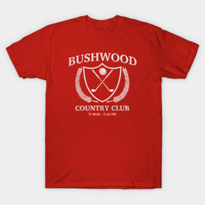 Red "Bushwood Country Club" T-shirt featuring golf-themed graphic, casual style, perfect for sports enthusiasts.